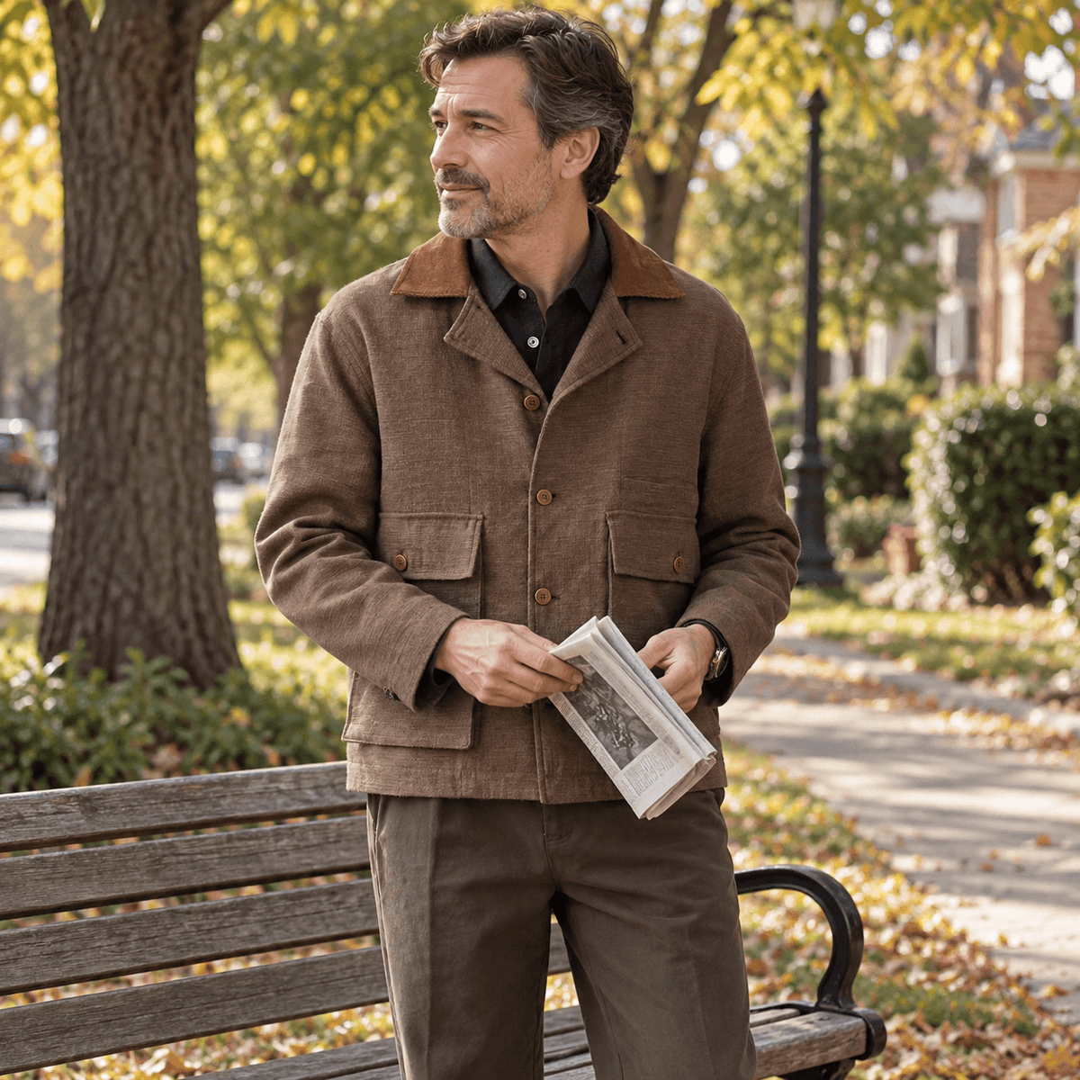 Men’s Natural Heathered Cotton-Blend Collared Jacket