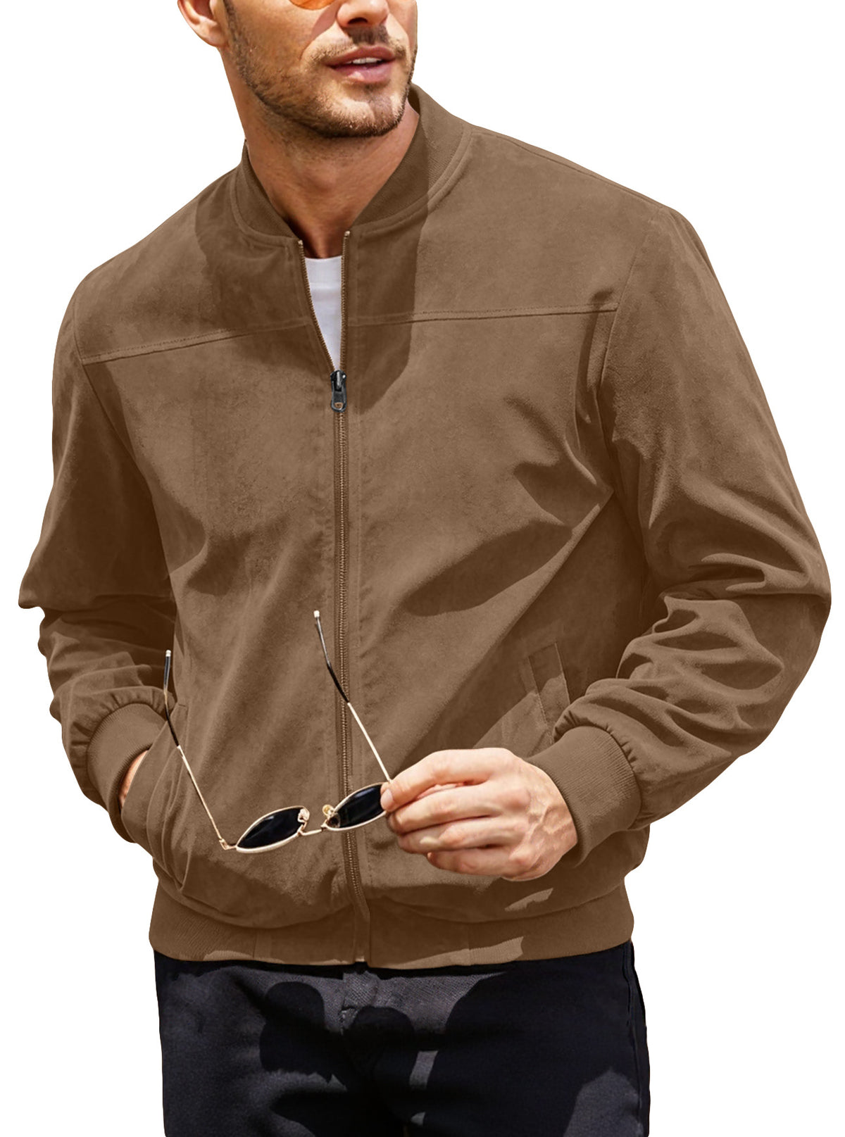 Men’s Suede-Touch Bomber Jacket – Casual Fall Zip-Up