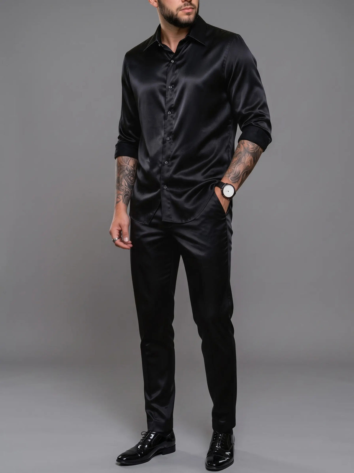 Black polished men’s matching shirt and trousers set
