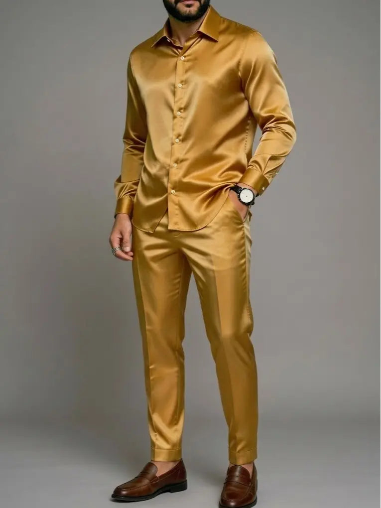 Gold polished men’s matching shirt and trousers set