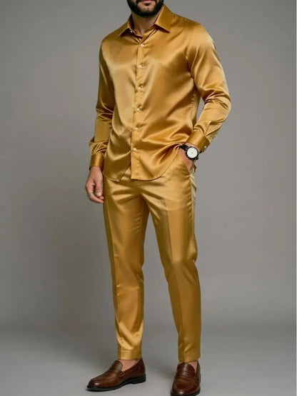 Gold polished men’s matching shirt and trousers set