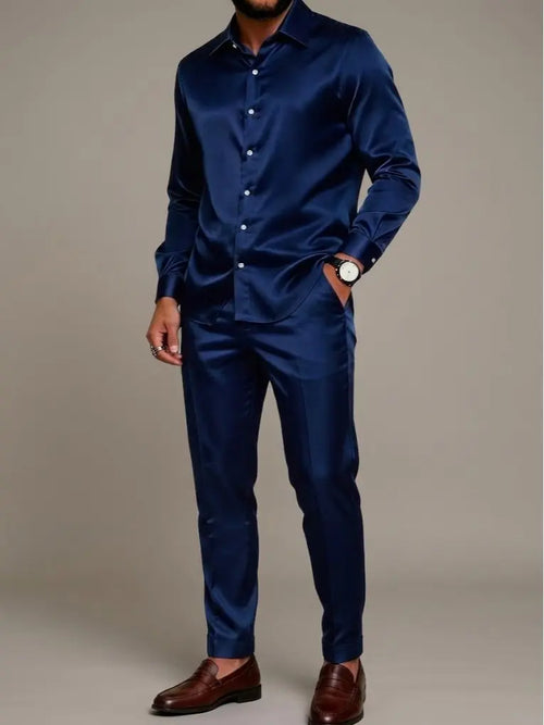 Navy polished men’s matching shirt and trousers set