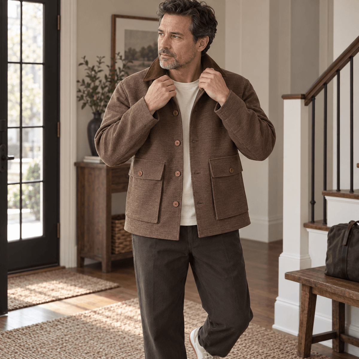 Men’s Natural Heathered Cotton-Blend Collared Jacket